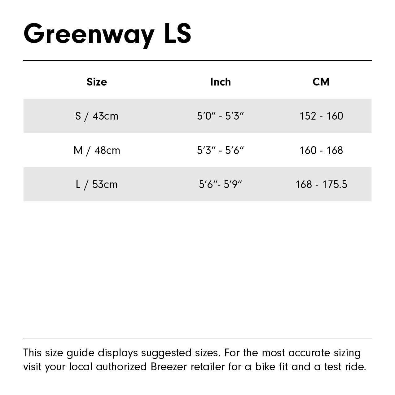 Greenway LS Size Guide