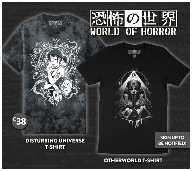 New World of Horror merch now available at Fangamer.eu