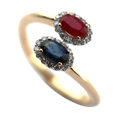 Ruby and Sapphire Toi et Moi Crossover 9ct Yellow Gold Ring