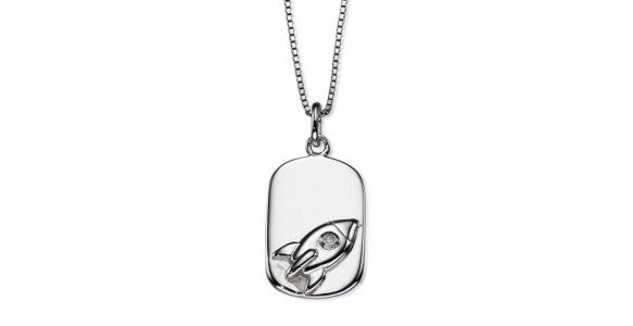 An image of a dog tag necklace with a rocket design