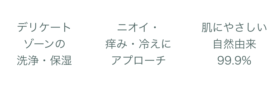 デリケートゾーンの洗浄・保湿、ニオイ・痒み・冷えにアプローチ、肌にやさしい自然由来99.9%