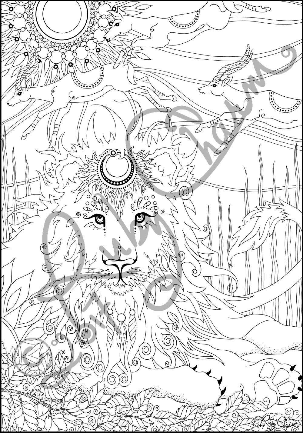 Lion with gazelles: downloadable printable 2-page PDF for coloring ...