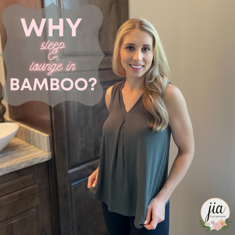 Bamboo betty olive front-pleat Jia Loungewear tank top with text reading Why sleep and lounge in bamboo?
