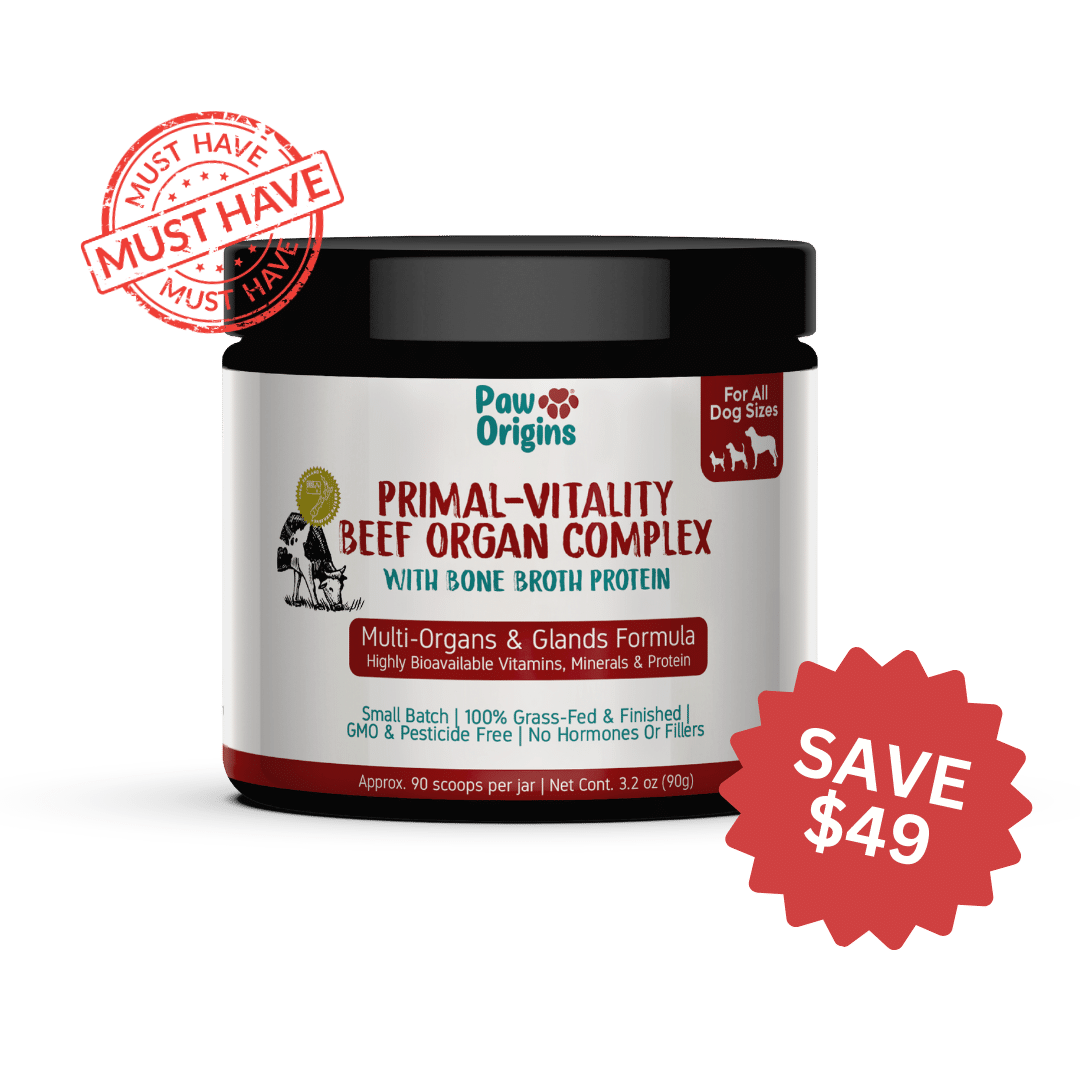 'Paw Origins Primal-Vitality Beef Organ Complex supplement for dogs with bone broth protein.'