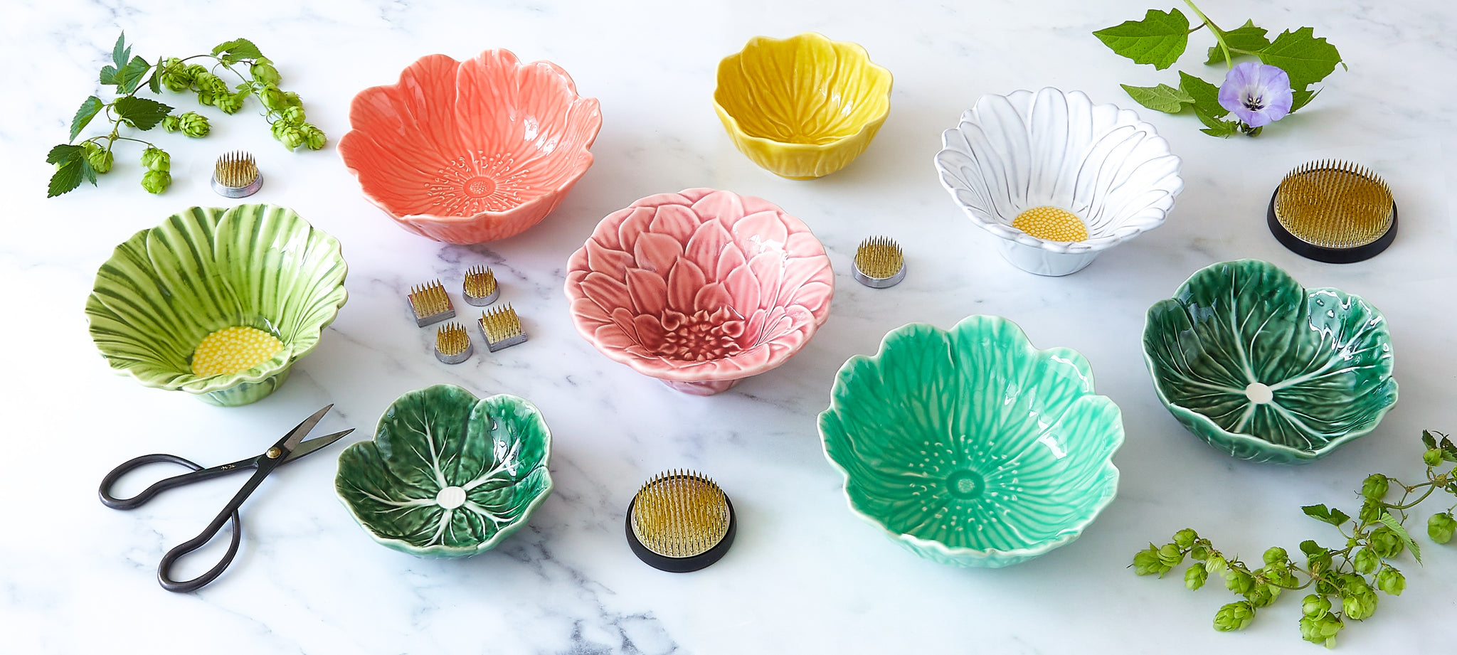 Ceramic, flower-shaped bowls for flower arranging