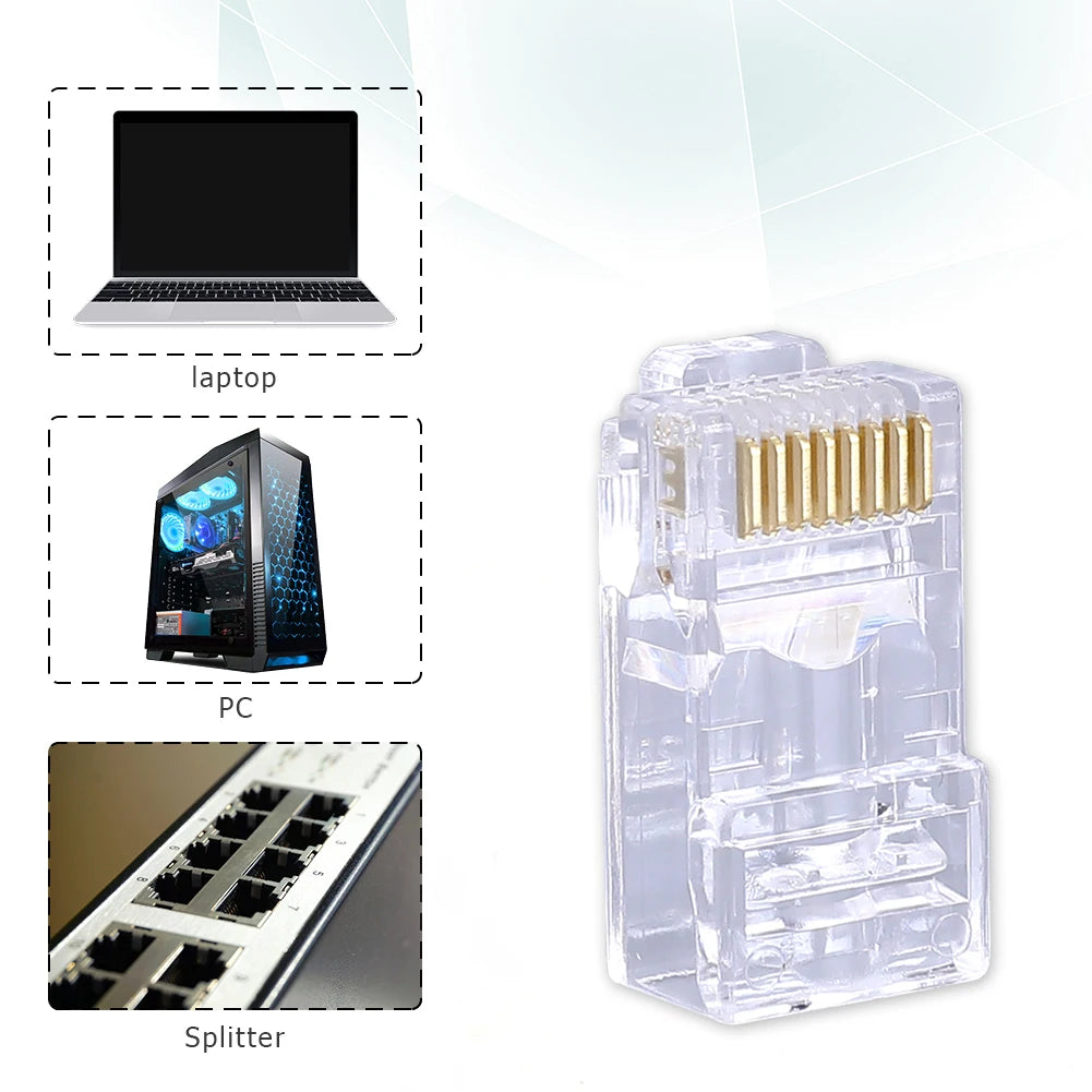 100pcs Gold Plated Cat6 Cat5 RJ45 Net Network Modular Plug Connector 8P8C Unshielded Modular Plug Ethernet Cable Crimper RJ 45
