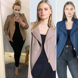Three views of the liquid leather jacket in various colors.  
