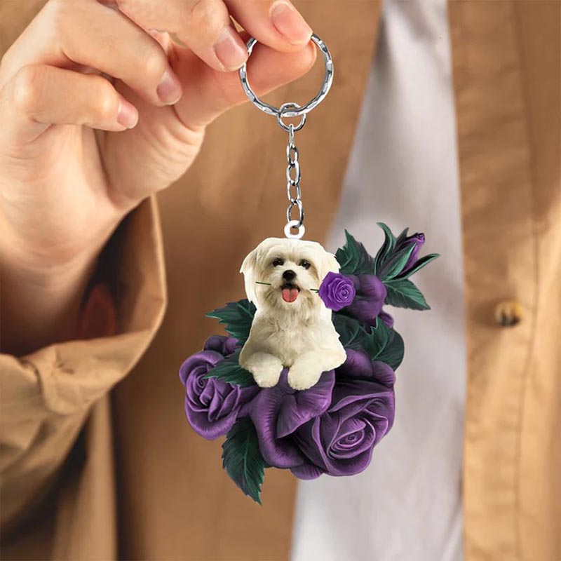 Maltese In Purple Rose Acrylic Keychain PR009
