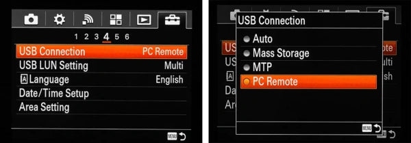 Set PC Remote Connection Method to USB