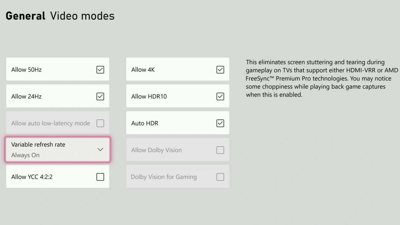 Xbox Series X/S Allow variable refresh rate