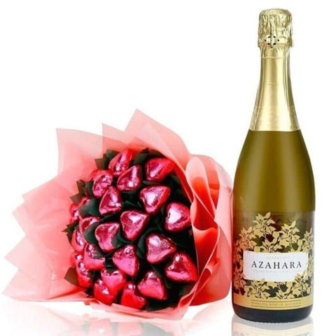 A mother's day gift of a bouquet of chocolate hearts and a bottle of Azahara Sparkling Brut