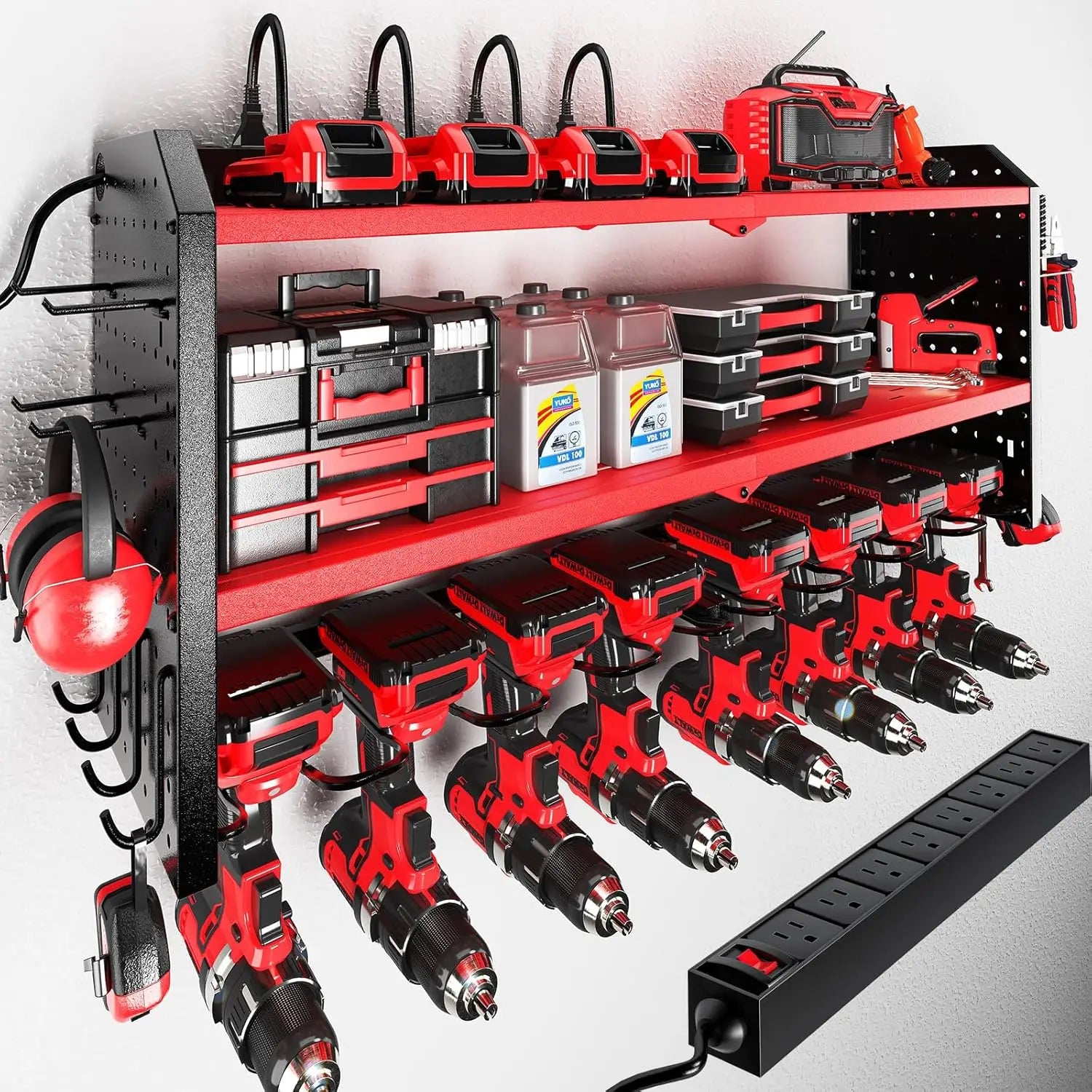 Tool Organizer & Charging Station, Built in Power Strip, Wall Mount