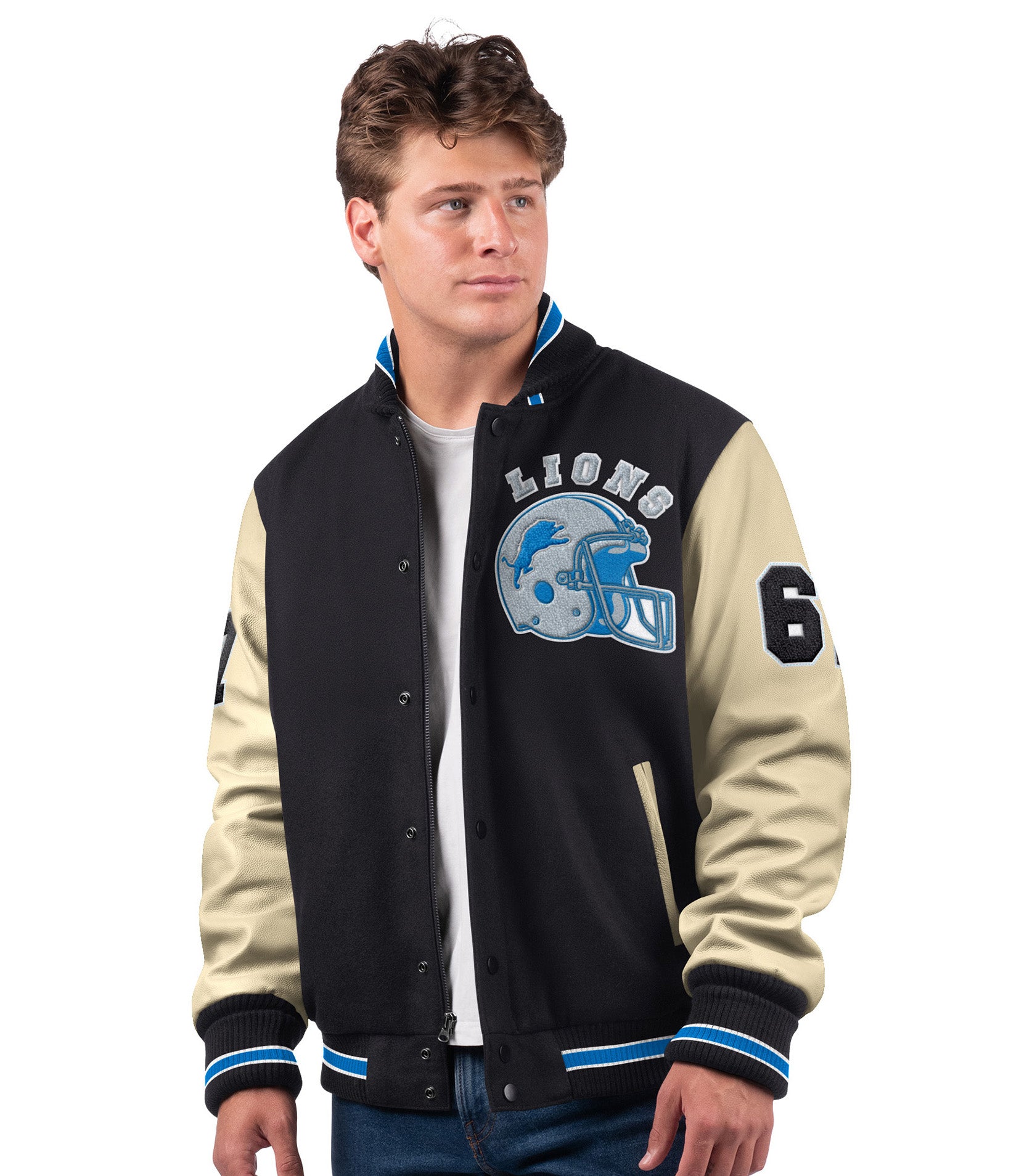 Starter | Leather Wool Varsity Jacket | Detroit Lions | Medium (75996488 198042491099 Outerwear Coats & Jackets Jackets) photo