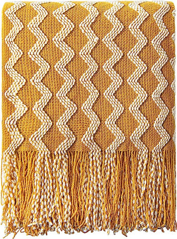 Mustard knitted throw blanket for outdoor living