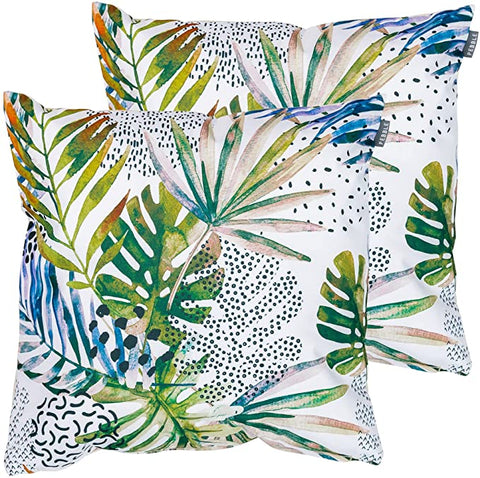 Tropical Palm Outdoor Cushions, Set of 2, Fibre Filled, 43cm, Water Resistant Decorative Scatter Pillows