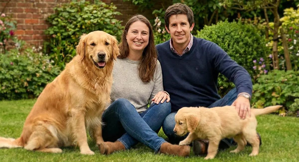Smiling family with their dog in the garden