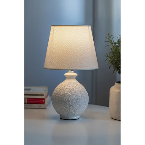 Lampada da tavolo lume abat jour con base rotonda in ceramica bianca con decoro e paralume in stoffa