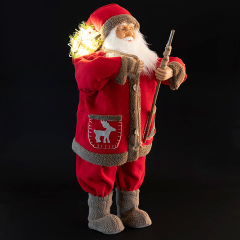 Babbo Natale con cappotto in tessuto rosso e sacco con15 led altezza 80 cm XMas
