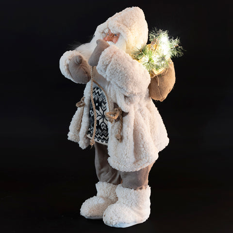 Babbo Natale con pelliccia bianca con sacco 12 led altezza 62,5 cm XMas