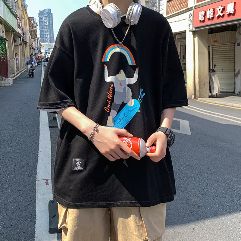 Summer Cute Cartoon Print Male T-Shirt Oversize All-Match Casual Teen Short-Sleeved Clothes Hip-Hop College Style Couple Tops