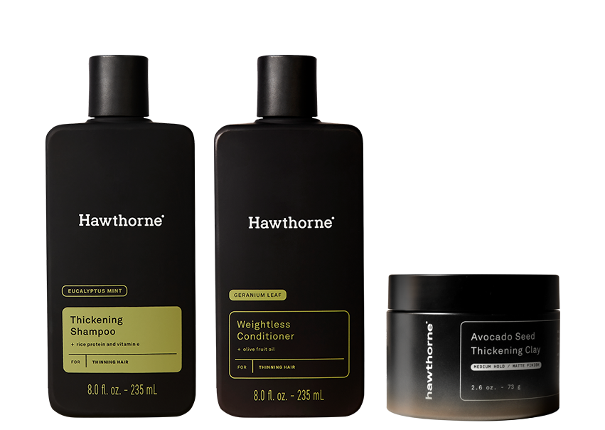 image of thickening hair styling set with shampoo, conditioner, hair clay