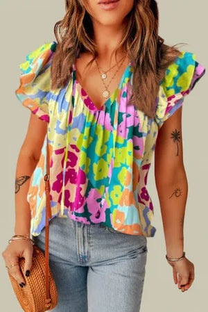 Multicolour Leopard Flutter Sleeve V Neck Crinkled Blouse - Shop Flamingo