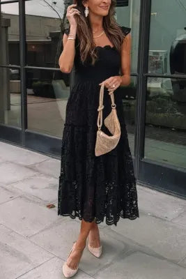 Black Lace Smocked Bodice Sleeveless Midi Dress - Shop Flamingo