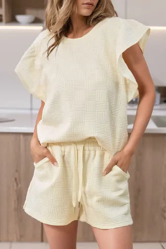 Textured Ruffled Sleeve Tee and Drawstring Shorts Set