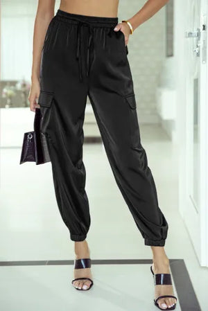 Black Satin Pocketed Drawstring Elastic Waist Pants - Shop Flamingo