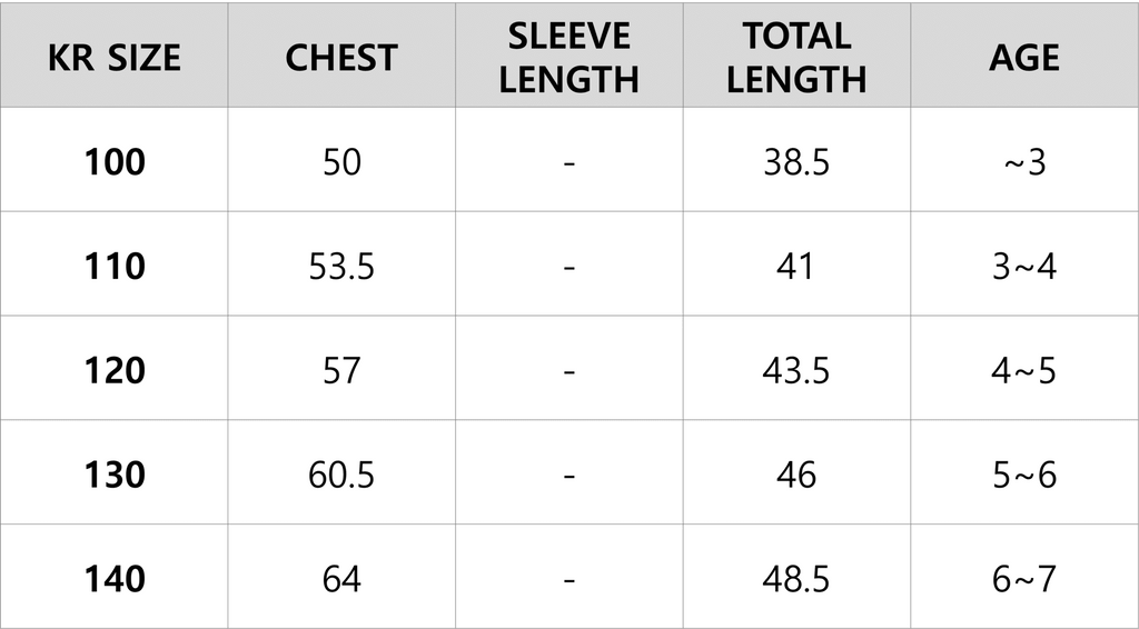 korean kidswear size guide