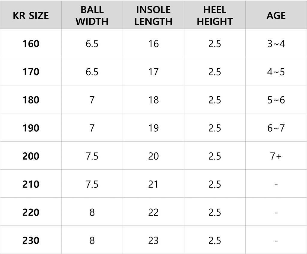 korean kids shoes size guide