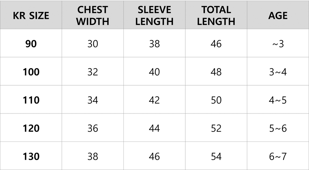 kidswear size guide