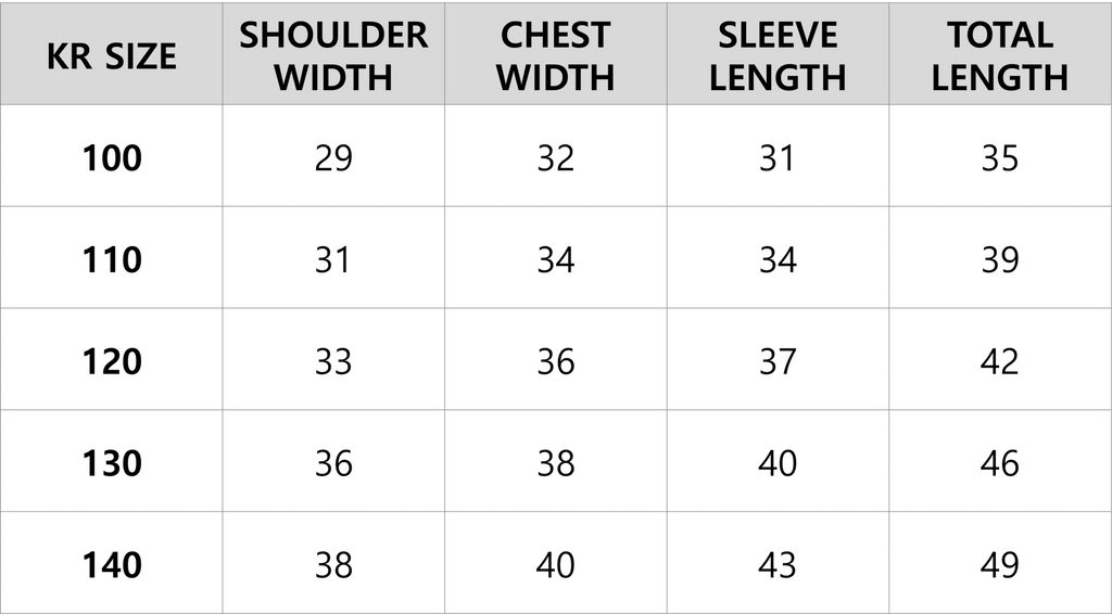 korean kidswear size guide