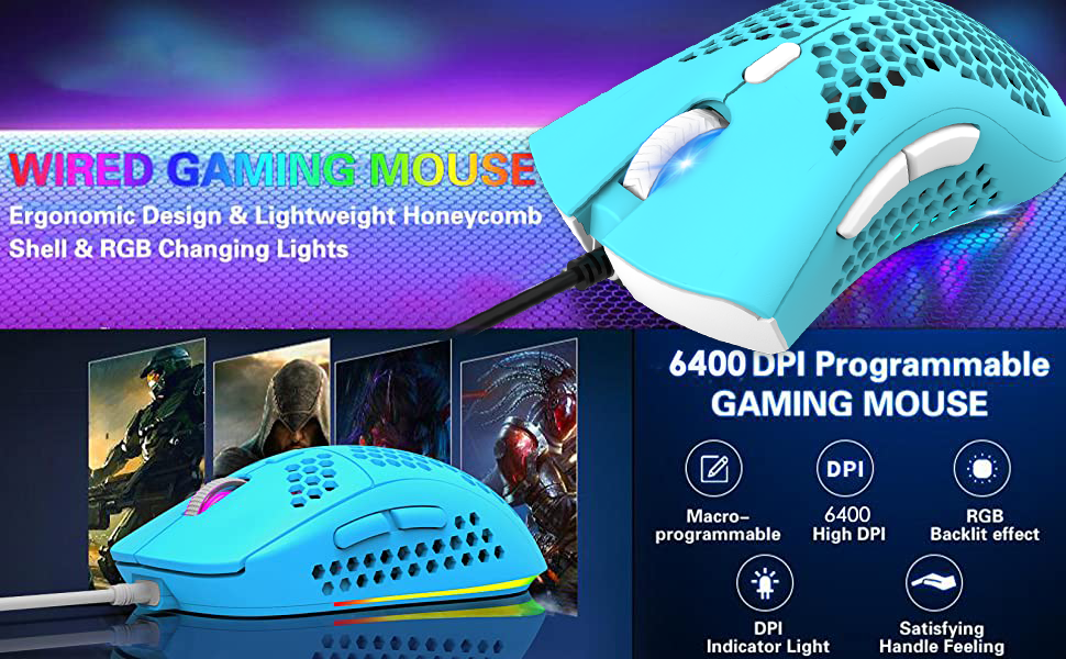 Gaming Keyboard and Mouse,3 in 1 Gaming Set,Rainbow LED Backlit Wired  Gaming Keyboard,RGB Backlit 12000 DPI Lightweight Gaming Mouse with  Honeycomb