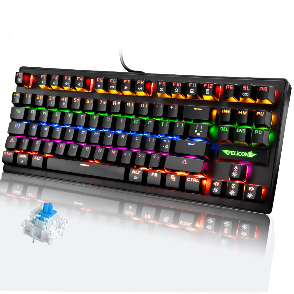 FELiCON K2 Wired 80% Percent Mechanical Gaming Keyboard UK Layout RGB Rainbow Light Up Keyboard Ultra-Compact TKL 88 Keys Ergonomic Adjustable Stand Waterproof for PC Mac PS4 Xbox