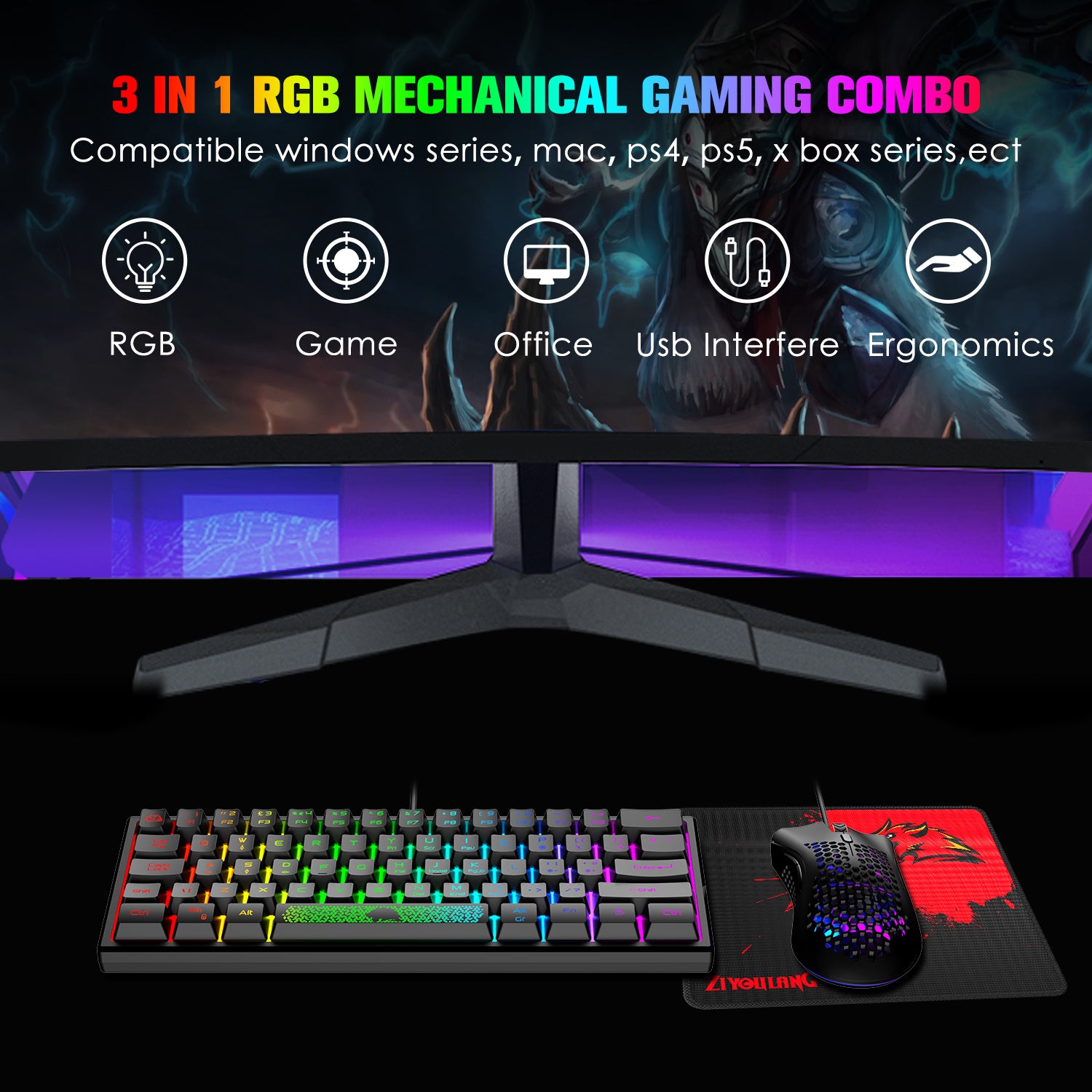 Ziyou Lang K61 60 Compact Gaming Keyboard And Mouse Set Uk Layout U