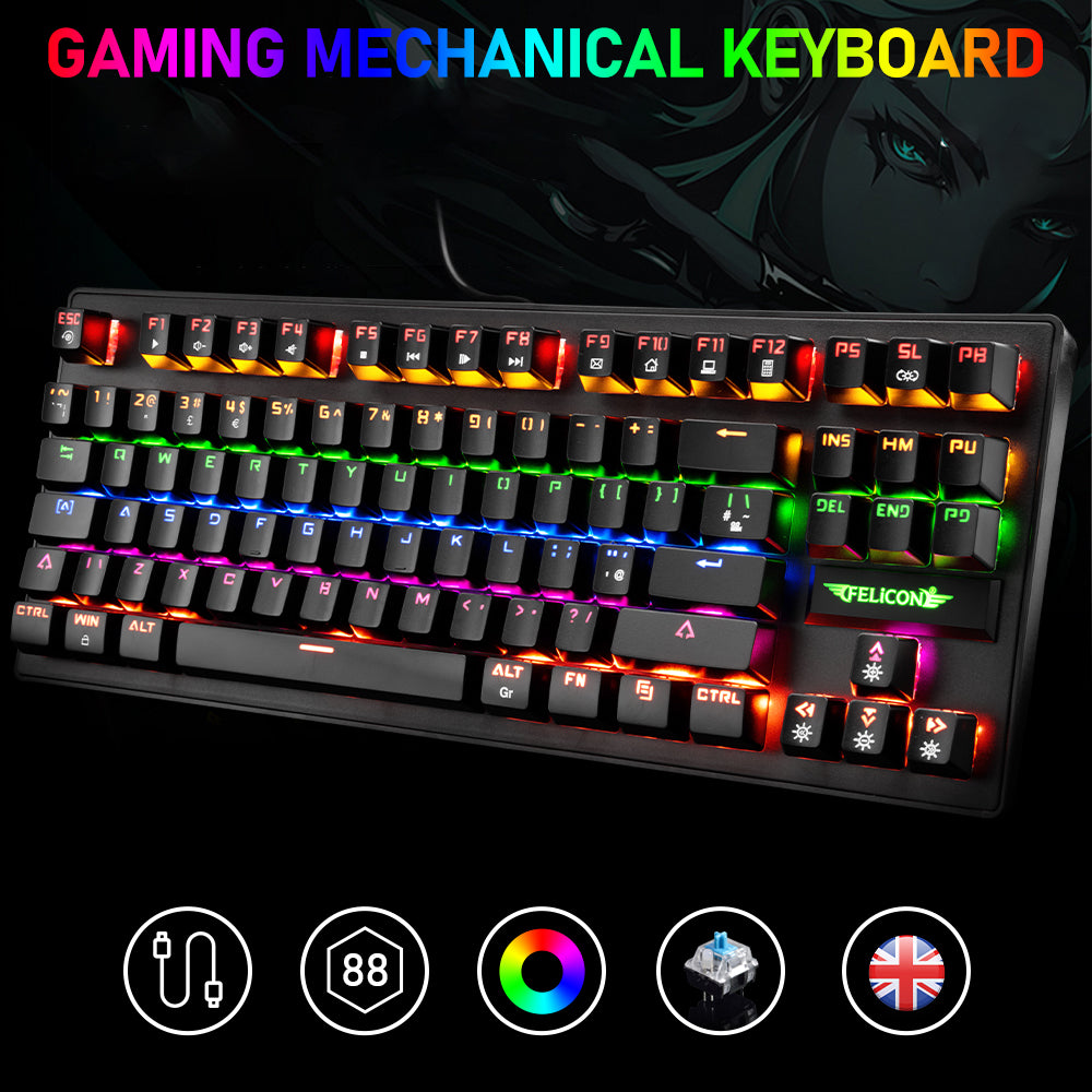 FELiCON K2 Wired 80% Percent Mechanical Gaming Keyboard UK Layout RGB Rainbow Light Up Keyboard Ultra-Compact TKL 88 Keys Ergonomic Adjustable Stand Waterproof for PC Mac PS4 Xbox