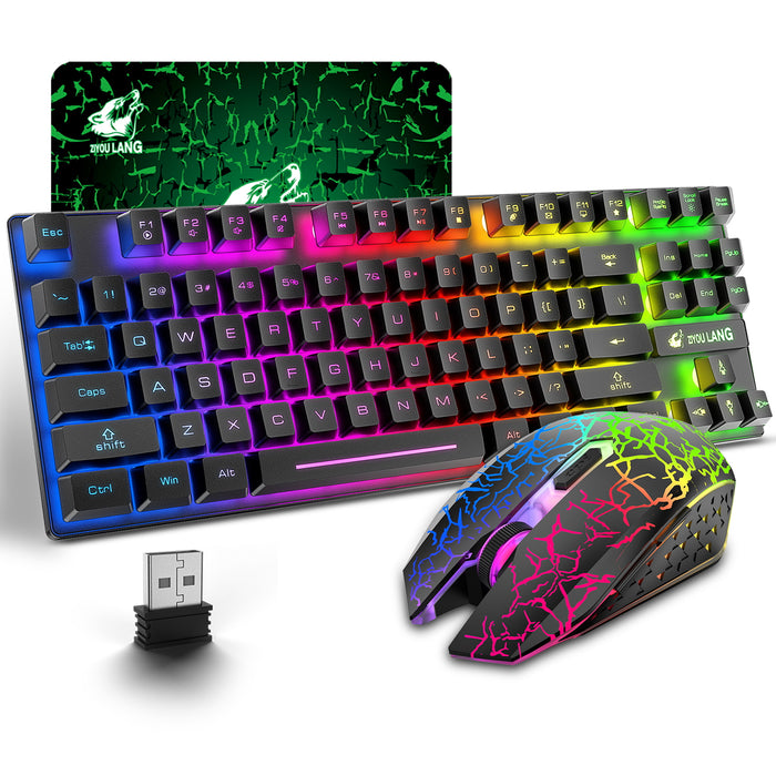 Wireless Gaming Keyboard and Mouse Combo with 87 Key Rainbow LED Backlight Rechargeable 3800mAh Battery Mechanical Feel Anti-ghosting Ergonomic Waterproof RGB Mute Mice for Computer PC Gamer (Black)