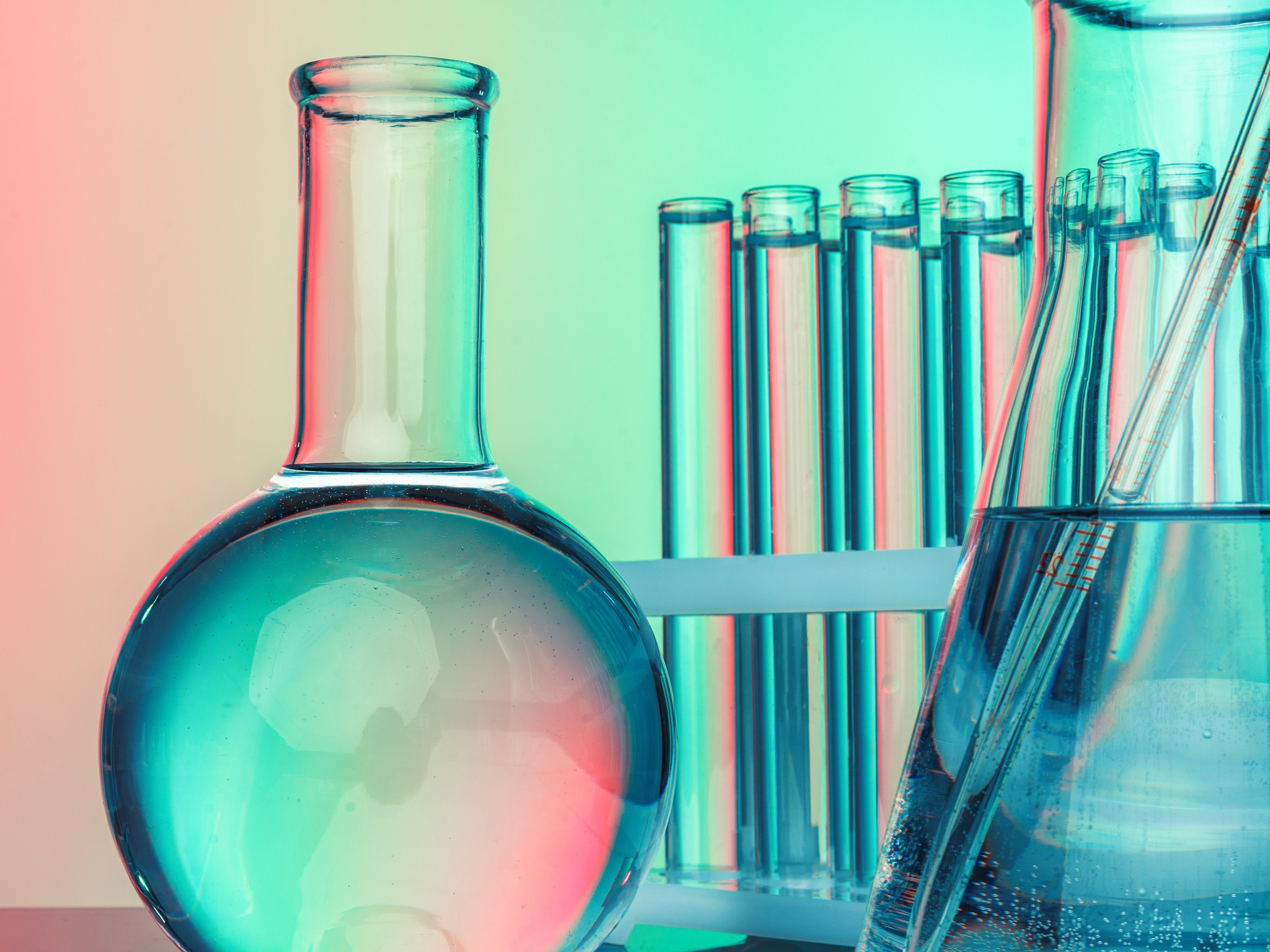 Lab glassware with neon lighting.