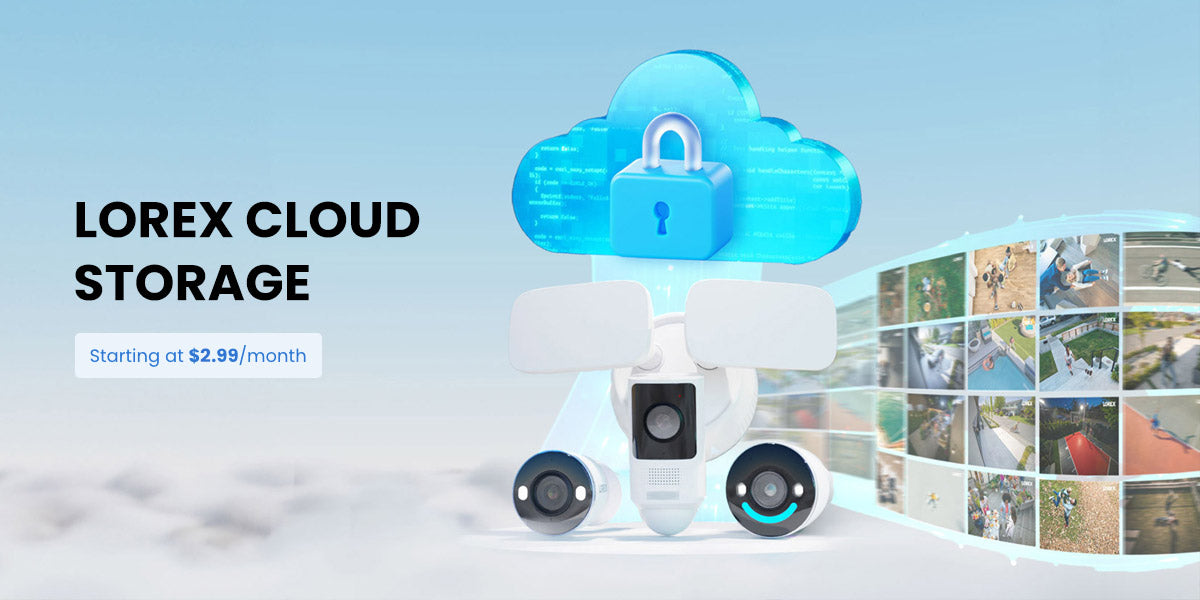 Lorex Cloud Storage Banner with 2K Spotlight Wi-Fi Camera, 2K Wi-Fi Floodlight Camera, and W881 4K Wi-Fi Cameras with Smart Security Lighting