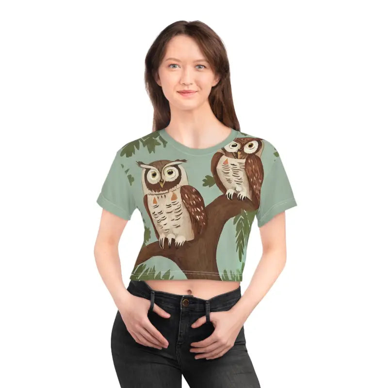 AOP Crop Tee Owls Tree Branch Mystical Design - DipaliZ