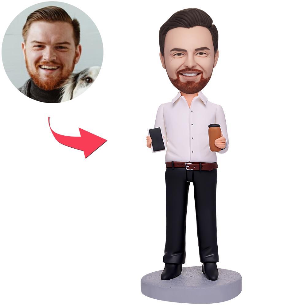 Custom Bobblehead Doll Business Man Holding Coffee And Mobile Phone Custom Bobbleheads