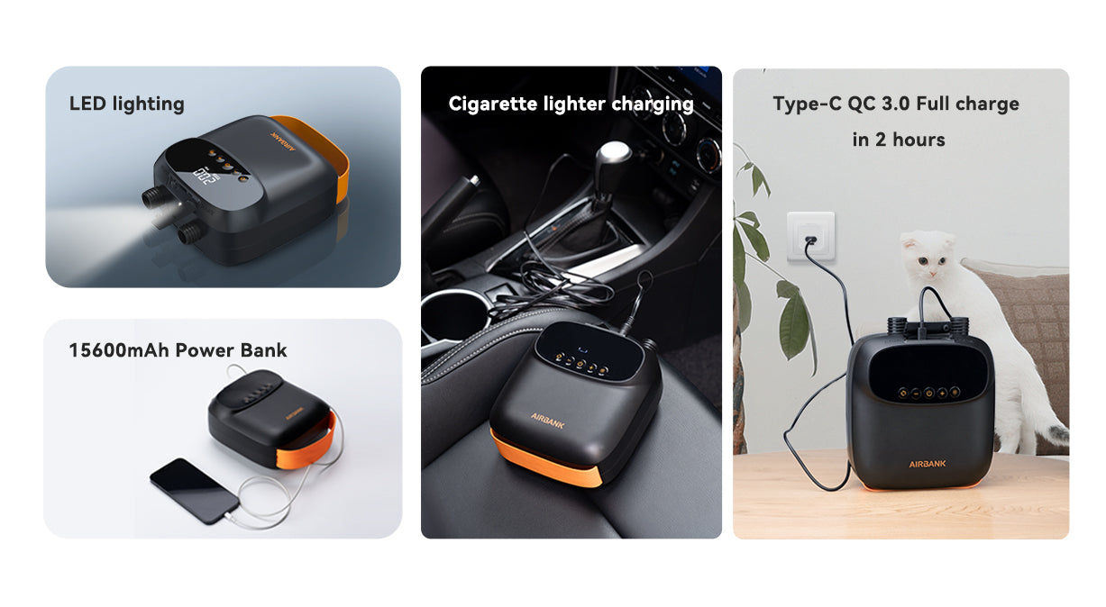 LED lighting, 15600mAh power bank, cigarette lighter charging, type-c QC 3.0 full charge in 2 hours.