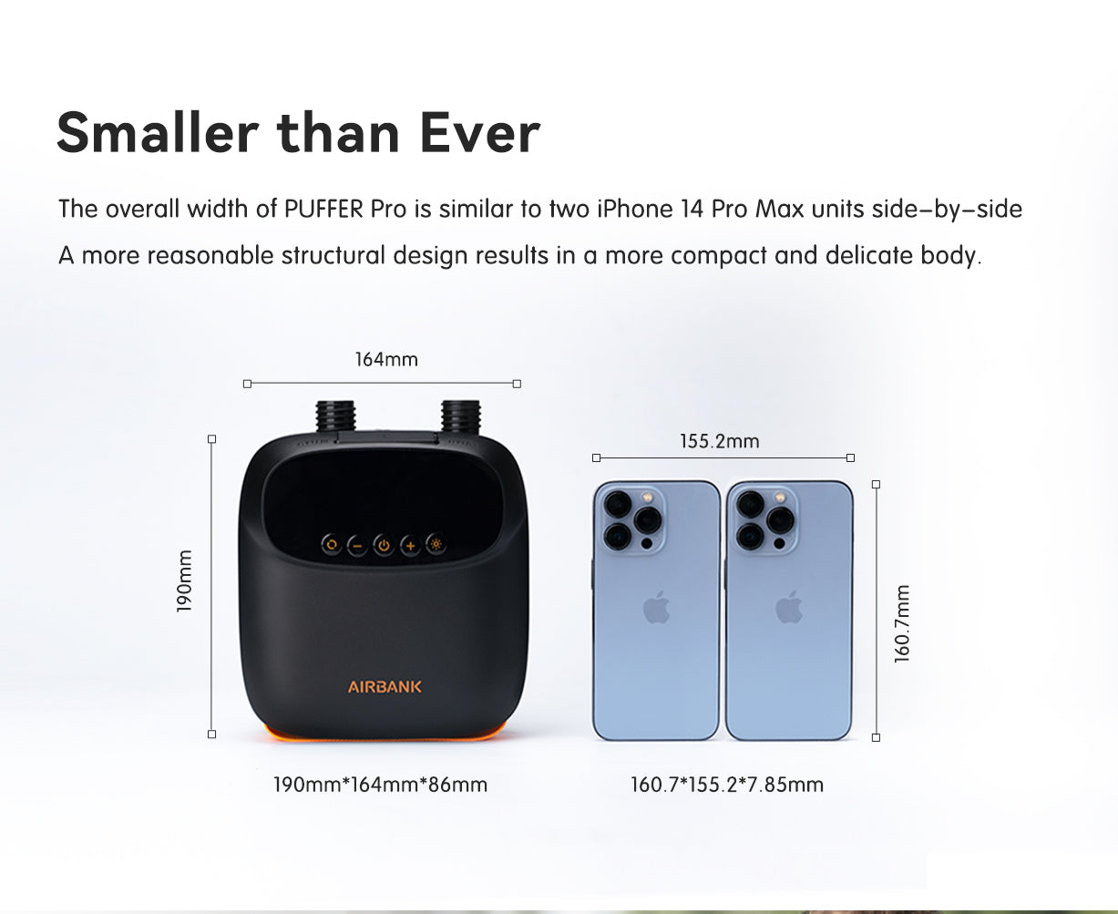 Smaller than ever: the overall width of Puffer pro is similar to two iphone 14 pro max units side-by-side. A more reasonable structural design results in a more compact and delicate body.