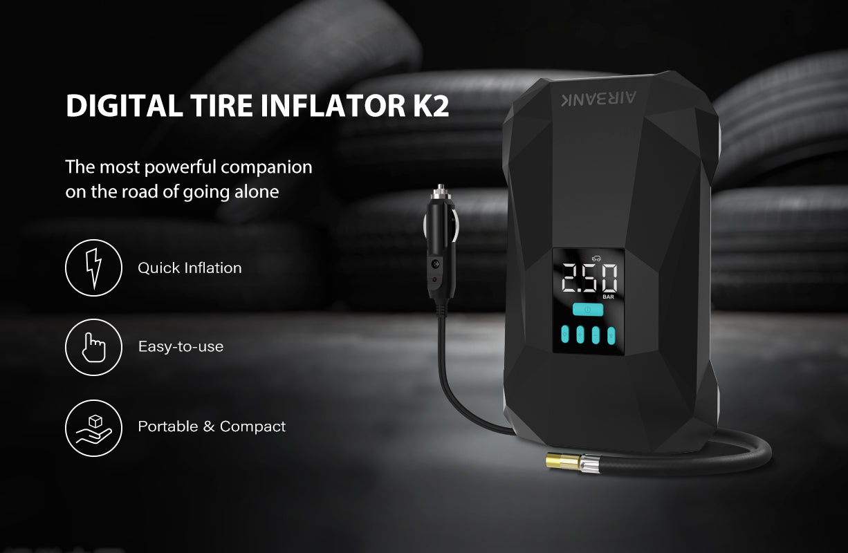 Airbank 12V DC Digital Tire Inflator K2. K2 is an air pump developed specifically for car tires. It has a so powerful motor that it takes only 1-2 minutes to inflate a 195/65R15 model tire from 2 bar to 2.5 bar. Its maximum inflation pressure can reach 150Psi/10.3Bar.