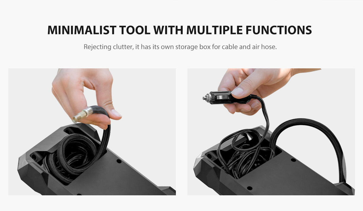 Minimalist tool with multiple functions. Rejecting clutter, it has its own storage box for cable and air hose.