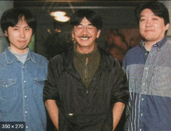 Junya Nakano pictured (left) with co-workers and fellow artists Nobuo Uematsu (middle) and Masashi Hamauzu (right)