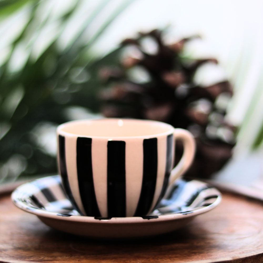 Striped Ceramic Coffee Cup and Saucer Set - Black & White