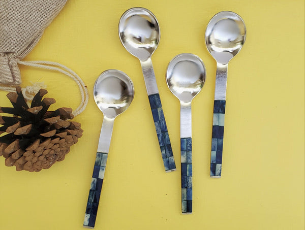 Wood and Steel Measuring Spoons Set Matte Silver Finish With Wooden Inlay  Handles 1 Table Spoon to 1/4 Tea Spoon Handmade Gift Boxed 