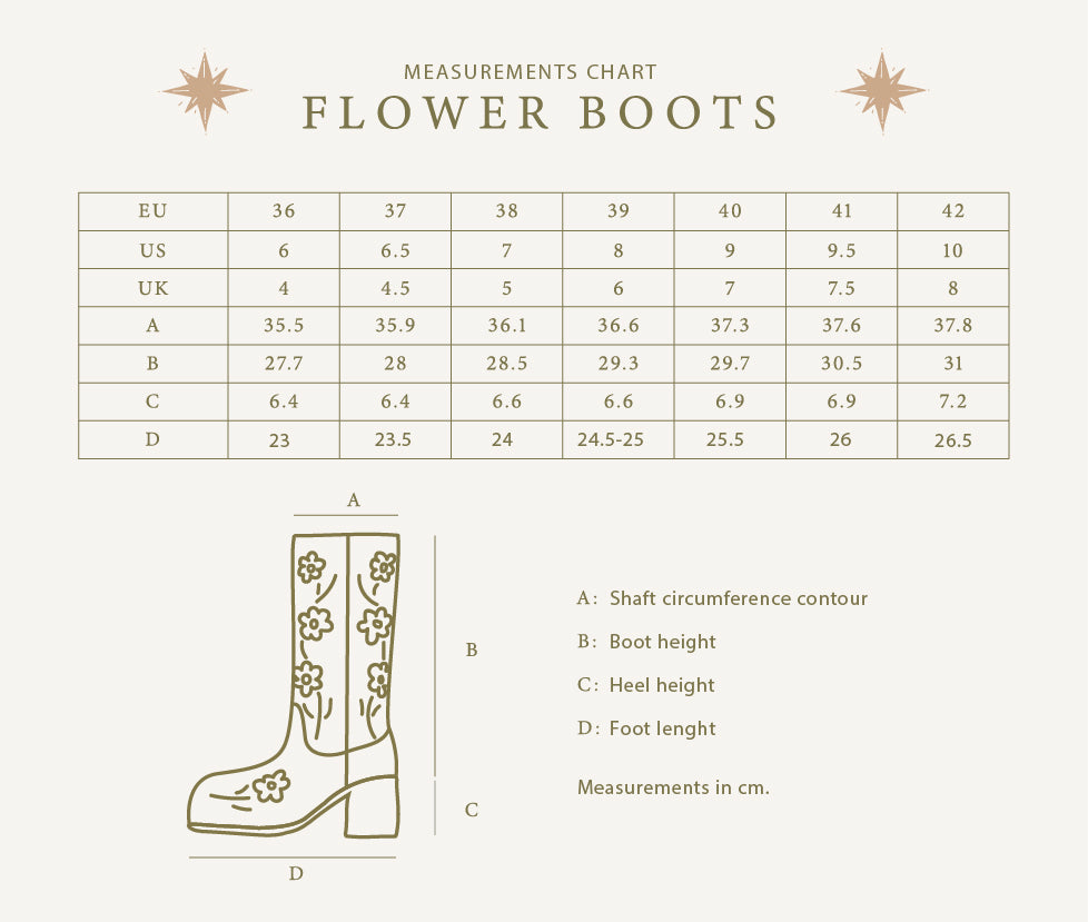flower boots measurement chart